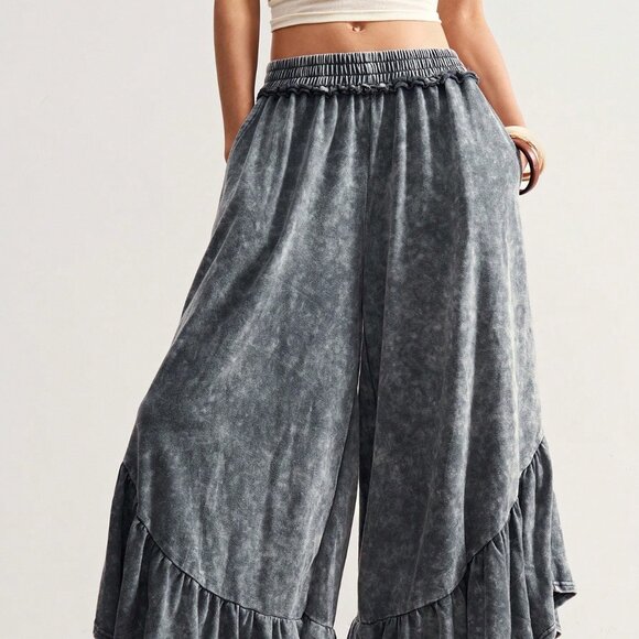 Dark Grey Casual Women's Elastic Waist Ruffle Hem Wide Leg Pants - Picture 7 of 7